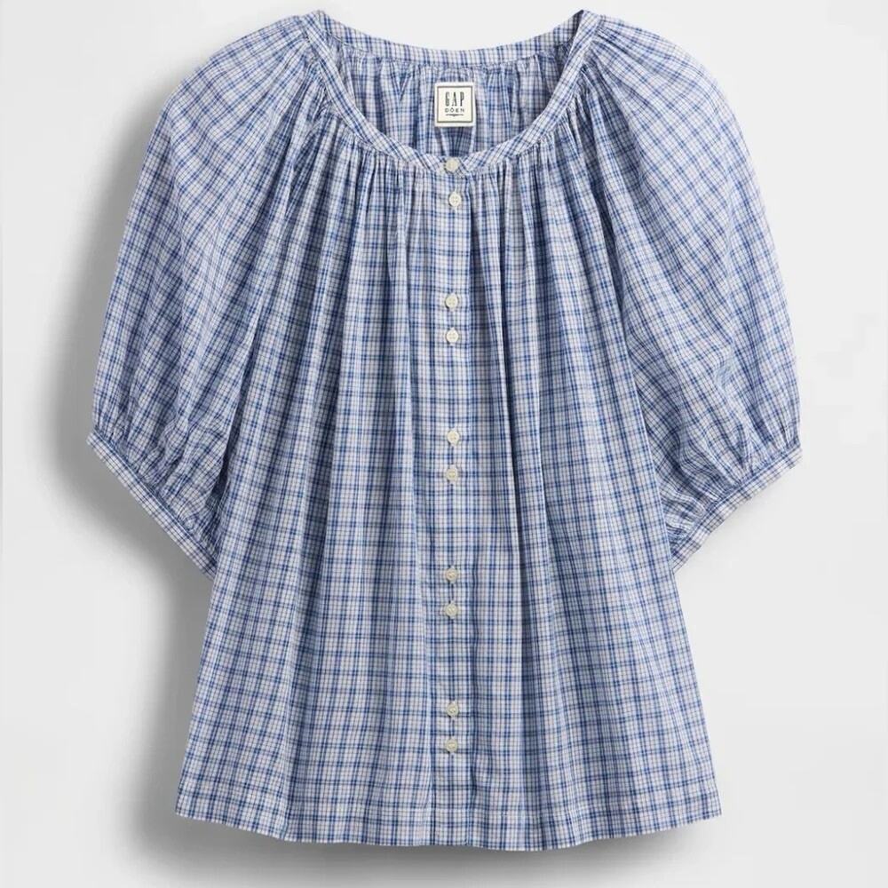 NWT Gap x DÔEN Gingham Puff Sleeve Cotton Blouse Blue Check Button Front Large - Picture 2 of 9